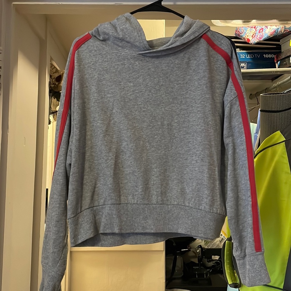 Gray with red and blue pin striped hoodie